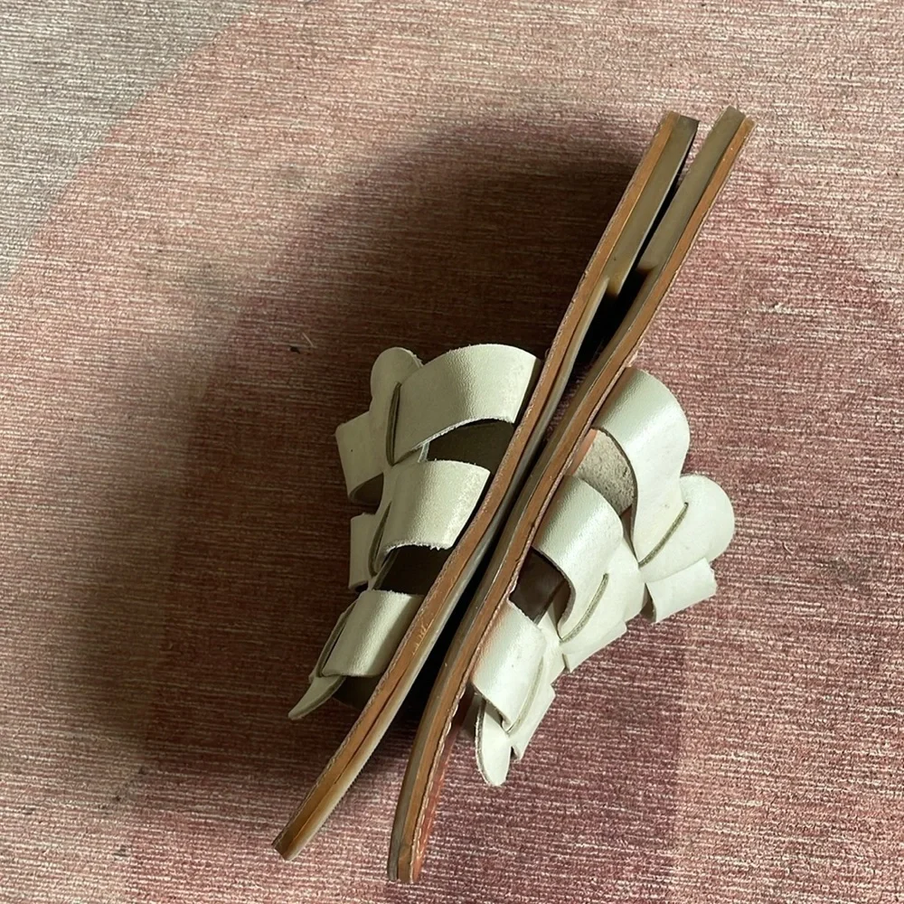 Lucky Brand Aisha Cream Woven Boho Leather Slide Sandals